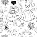 Seamless pattern with black wedding symbols.Endless texture with hand drawn objects