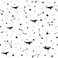 Seamless pattern with black whales in space or cosmos