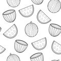 Doodle watermelon black and white seamless pattern. Fresh fruit background in outline Royalty Free Stock Photo