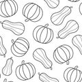 Black and white pumpkins seamless pattern. Vegetables food background in outline