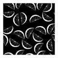 Seamless pattern with black and white, abstract pattern of orange and tangerine slices with a white outline on a black Royalty Free Stock Photo