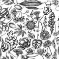 Seamless pattern with black and white almond, dandelion, ginger, poppy flower, passion flower, tilia cordata Royalty Free Stock Photo