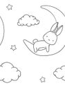 Seamless pattern, black and white cute hand drawn bunny, cloud, moon doodle, coloring pages Royalty Free Stock Photo