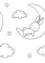 Seamless pattern, black and white cute hand drawn bunny, cloud, moon doodle, coloring pages