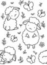 Seamless pattern, black and white cute hand drawn sheep and butterfly doodle, coloring pages