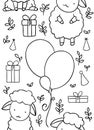 Seamless pattern, black and white cute hand drawn sheepand air balloon and gift doodle, coloring pages