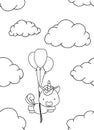 Seamless pattern, black and white cute hand drawn unicorn and cloud doodle, coloring pages Royalty Free Stock Photo