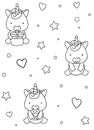 Seamless pattern, black and white cute hand drawn unicorn stars and heart doodle, coloring pages
