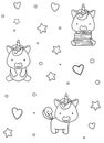 Seamless pattern, black and white cute hand drawn unicorn stars and heart doodle, coloring pages