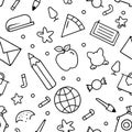 Seamless pattern with black and white doodle school supplies Royalty Free Stock Photo