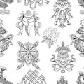 Seamless pattern with black and white eight auspicious symbols of Buddhism.