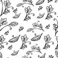 Seamless pattern. Black and white. Flowers on a white background. Thin lines. Leaves and buds Royalty Free Stock Photo