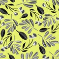 Seamless pattern with black and white flowers,branches and leaves