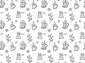 Seamless pattern of black-and-white French presses, cezve, mugs with steam, lemon slices, pieces of sugar and tea tree branches. H