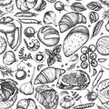 Seamless pattern with black and white garlic, cherry tomatoes, peas, fish, shrimp, cabbage, beef, buns and bread