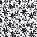 Seamless pattern with black and white hand drawn flowers and leaves. Loose botanical repeat background. Rough inky Royalty Free Stock Photo
