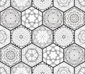 Seamless pattern with black and white hexagonal tiles. Elegant patchwork design. Lace ornament Royalty Free Stock Photo