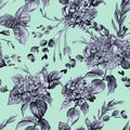 Seamless pattern with black and white hydrangea flowers on a green background