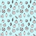 Seamless pattern of black and white linear drawings of christmas toys on a turquoise background