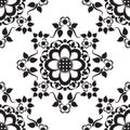 Seamless pattern with black and white mehndi lace of flower buta decoration items on white background.