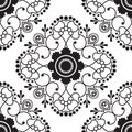 Seamless pattern with black and white mehndi lace of flower buta decoration items on white background.