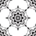 Seamless pattern with black and white mehndi lace of flower buta decoration items on white background.