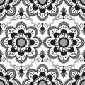 Seamless pattern with black and white mehndi lace of flower buta decoration items on white background.