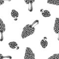 Seamless pattern with black and white morel mushroom