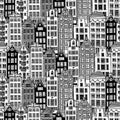 Seamless pattern. Black and white old houses of Amsterdam, Netherlands. Vector illustration. Royalty Free Stock Photo