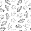 Seamless pattern with black and white seashell and sea star