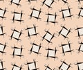 Seamless pattern with black and white shape on peach colored background.