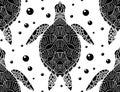 Seamless pattern with black and white silhouette of a sea turtle top view and bubbles on white background. Vector texture Royalty Free Stock Photo