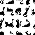seamless pattern black and white silhouettes of funny cute cats in different poses with big eyes on a white background Royalty Free Stock Photo