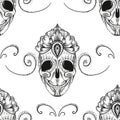 Seamless pattern. black and white skull with elements around Royalty Free Stock Photo