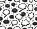 Seamless pattern of black, white speech bubbles, thought clouds. Various empty thought boxes, chat balloons repeat on white Royalty Free Stock Photo