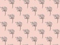 Seamless pattern of black and white stylized forget-me-not with blossoming buds and leaves on a soft pink background. Texture of b