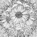 Seamless pattern of black and white sunflowers. Royalty Free Stock Photo