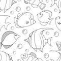 Seamless pattern with black and white tropical fish. Exotic fish. Coloring book page for adult and cids. Monochrome hand drawn Royalty Free Stock Photo