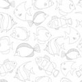 Seamless pattern with black and white tropical fish. Exotic fish. Coloring book page for adult and cids. Monochrome hand drawn Royalty Free Stock Photo