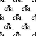 Seamless pattern with black word girl and crowns.