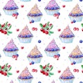 Seamless pattern of a blackberry cupcake and cranberry.