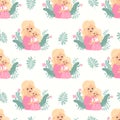 Seamless pattern with blonde woman mother with fair-haired daughter in pink on white background. Blonde Day, Mothers Day