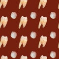 Seamless pattern with bloody gauze and real tooth on the brown background Royalty Free Stock Photo