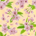 Seamless pattern of blooming cherry. Pink flowers and young green leaves on a light background. Shining spring pattern. EPS 10 Royalty Free Stock Photo