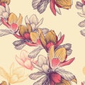 Seamless pattern with blooming magnolia flowers, h Royalty Free Stock Photo