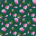 Seamless pattern with blooming magnolia flowers and leaves. Gouache illustration. Pattern on isolated green dark background for Royalty Free Stock Photo