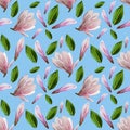 Seamless pattern with blooming magnolia flowers and leaves. Watercolor illustration. Pattern on isolated light blue background for Royalty Free Stock Photo