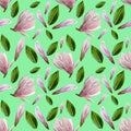 Seamless pattern with blooming magnolia flowers and leaves. Watercolor illustration. Pattern on isolated turquoise background for Royalty Free Stock Photo