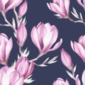 Seamless pattern with blooming magnolia twig. Watercolor illustration. Royalty Free Stock Photo