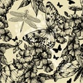 Seamless pattern with blooming phlox, butterflies